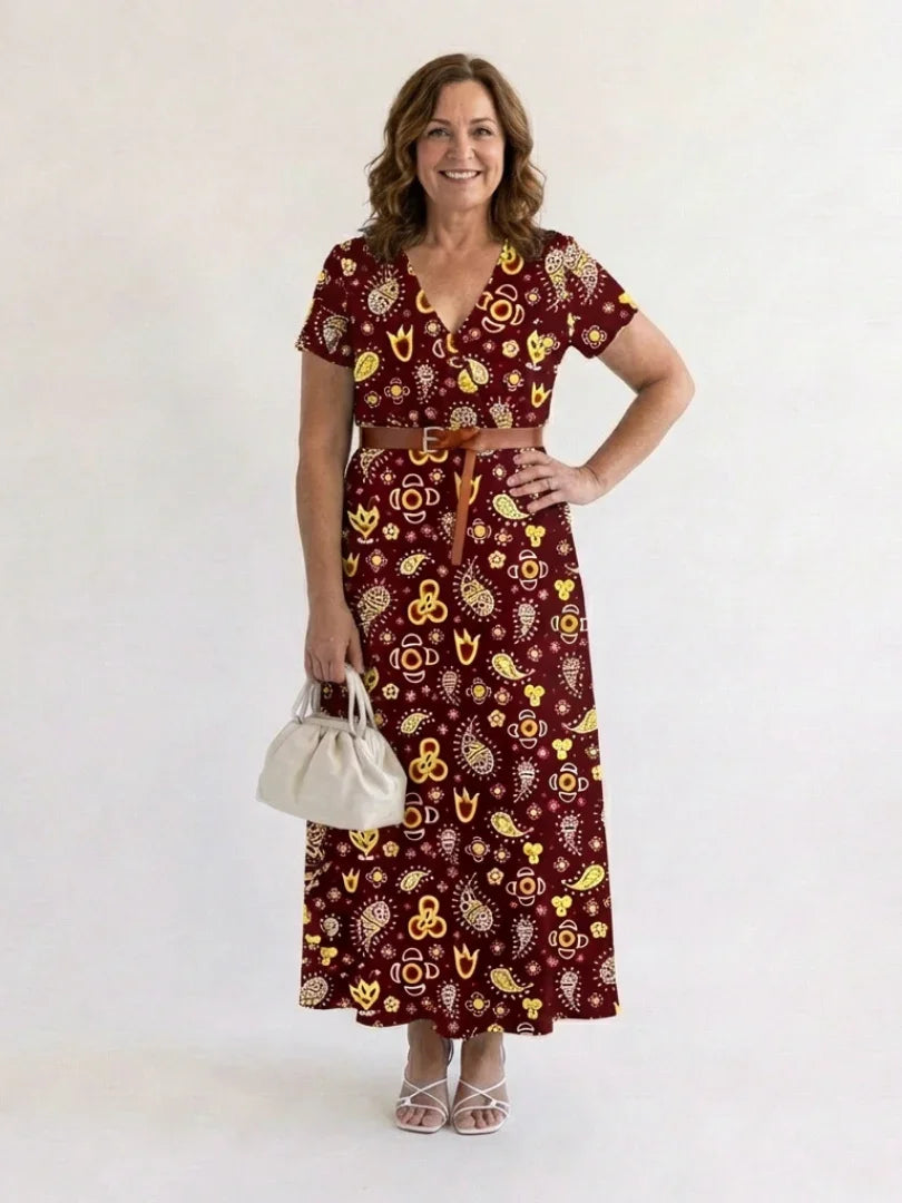 Floral V-Neck Midi Dress Women Regular Fit Casual Summer