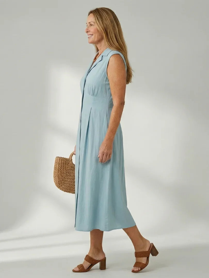 Sleeveless Button-Front Midi Dress Women Defined Waist Casual