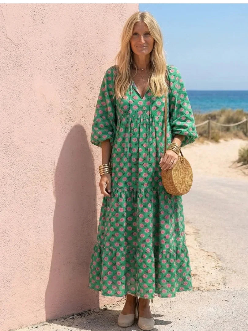 Floral Print V Neck Midi Dress Women Relaxed Fit Casual Summer