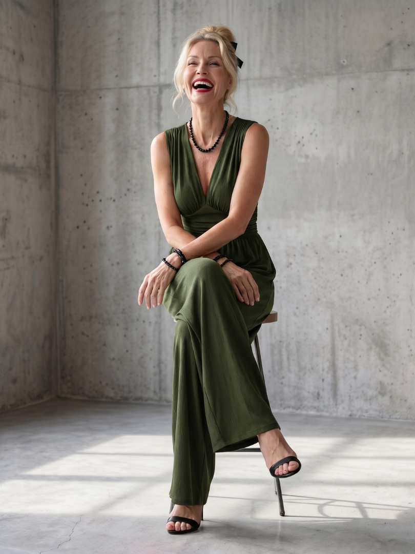 Wide Leg Jumpsuit Women Defined Waist Deep V Neck