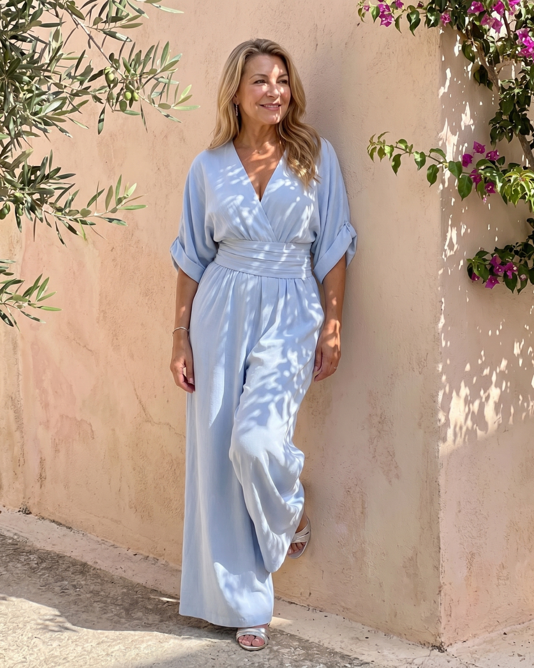 Draped V Neck Wide Leg Jumpsuit Women Relaxed Fit Casual