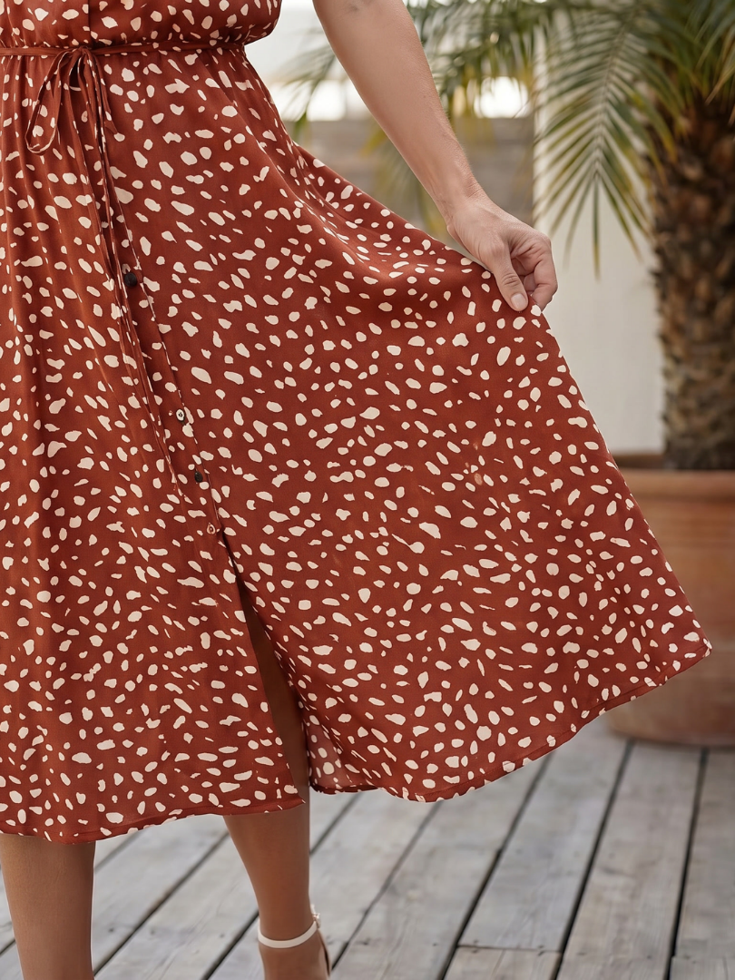 Midi Dress Women Relaxed Fit Casual Printed Button Front Belted