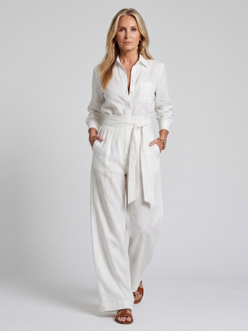 Long Sleeve Button-Front Wide Leg Jumpsuit Women Relaxed Fit Casual