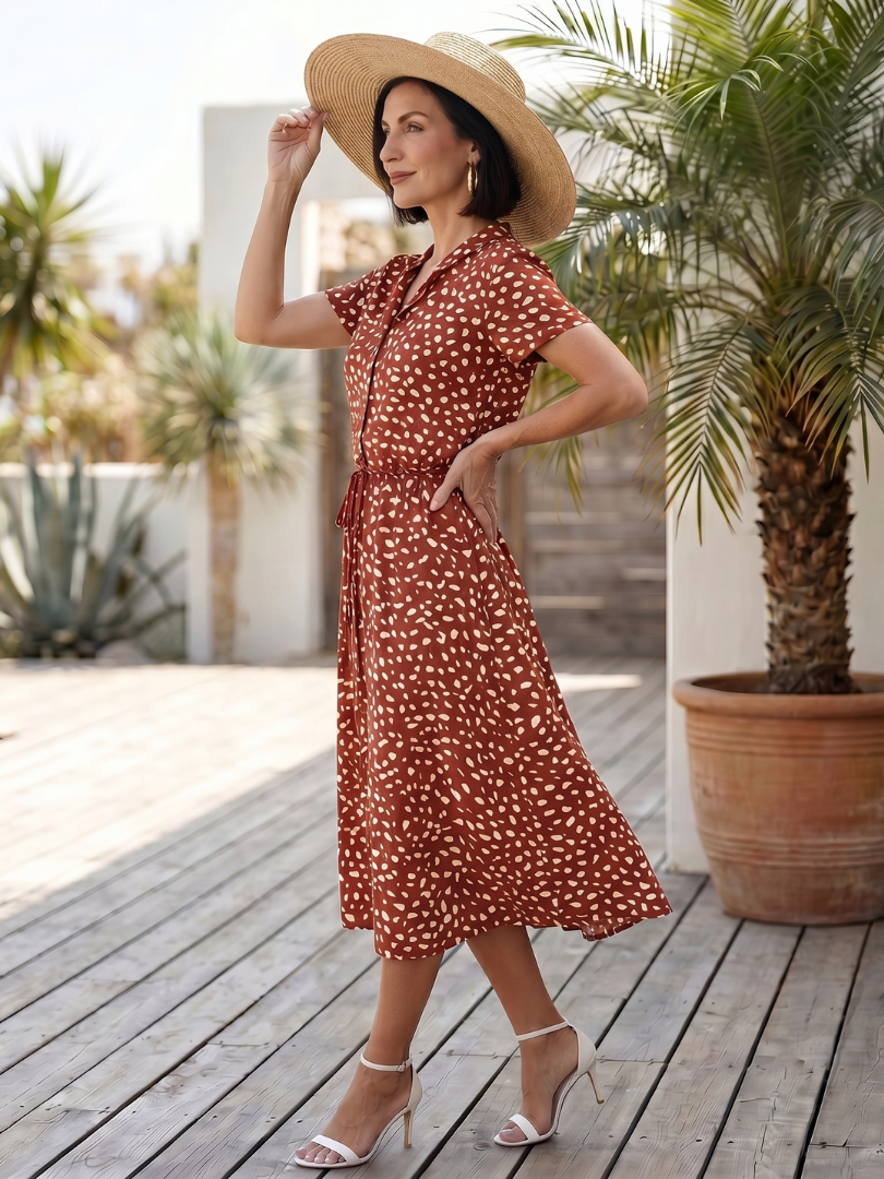 Midi Dress Women Relaxed Fit Casual Printed Button Front Belted