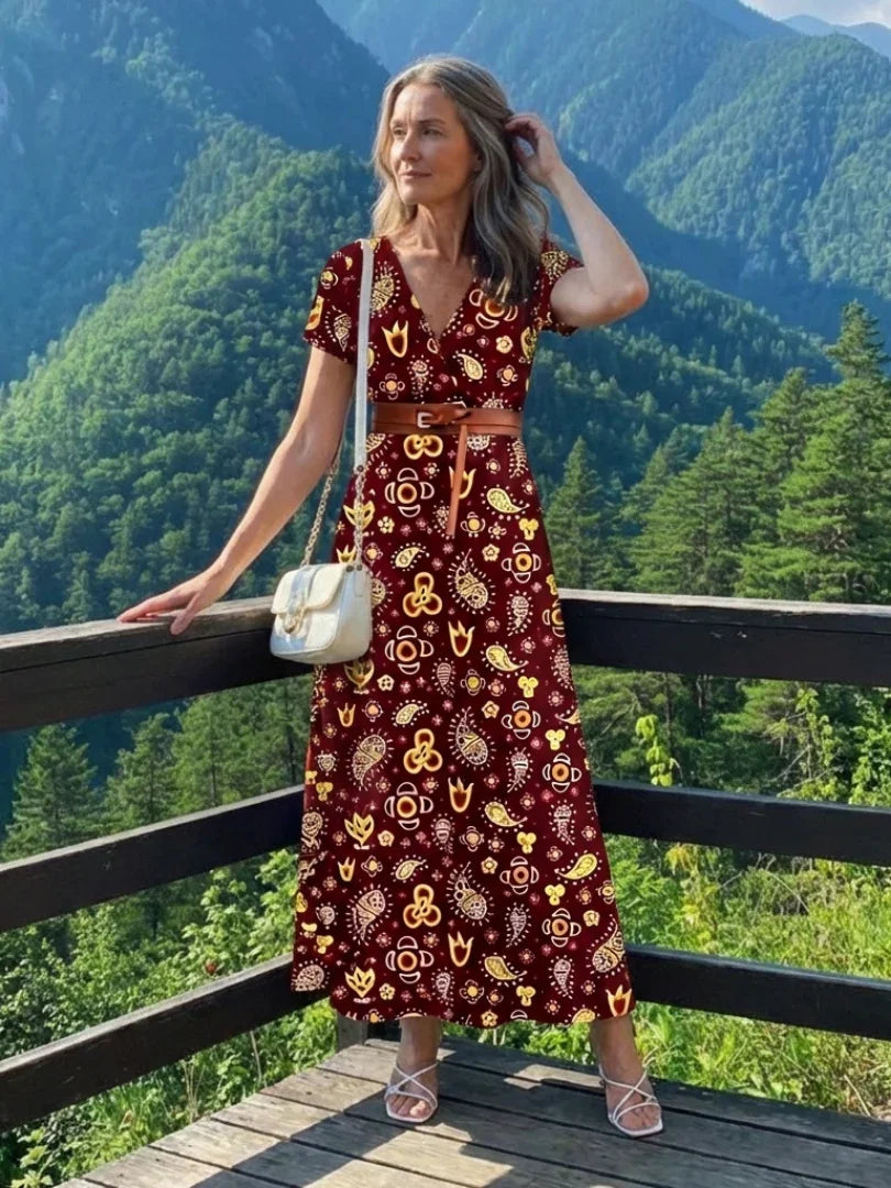 Floral V-Neck Midi Dress Women Regular Fit Casual Summer