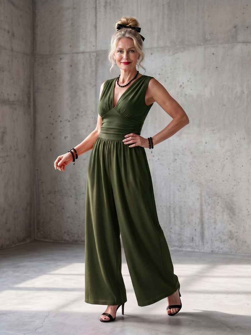 Wide Leg Jumpsuit Women Defined Waist Deep V Neck