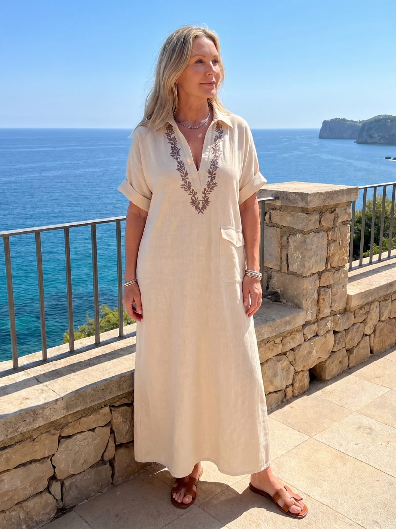 Midi Dress Women Relaxed Fit Casual Embroidered Detail