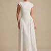 Women's Polka Dot Maxi Dress - High Neck Cap Sleeve - Full Skirt