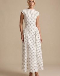 Women's Polka Dot Maxi Dress - High Neck Cap Sleeve - Full Skirt