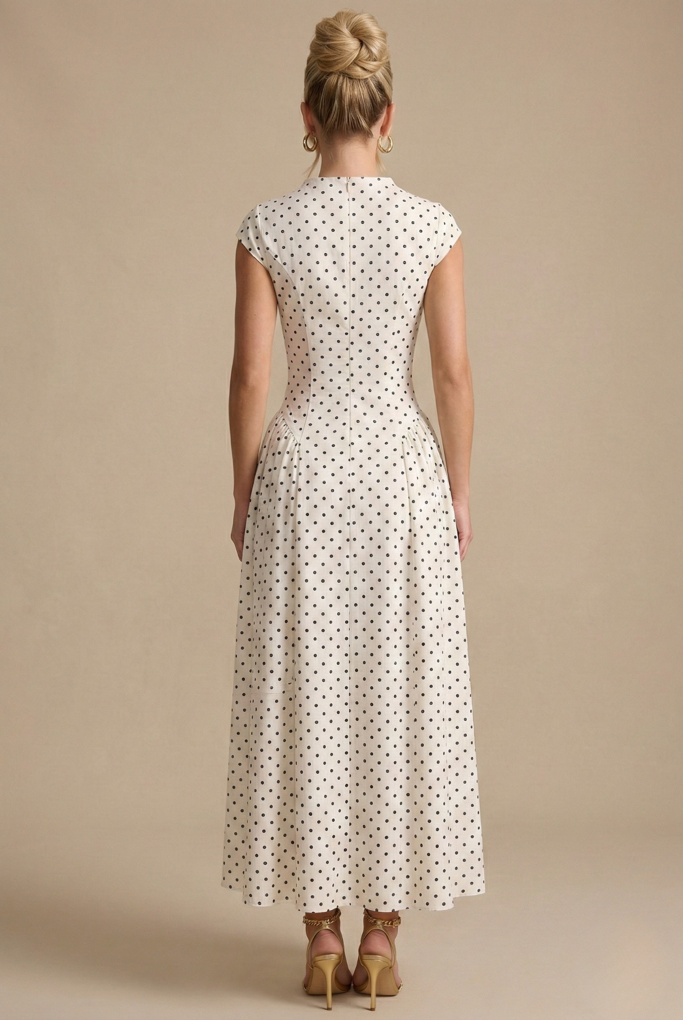 Women's Polka Dot Maxi Dress - High Neck Cap Sleeve - Full Skirt