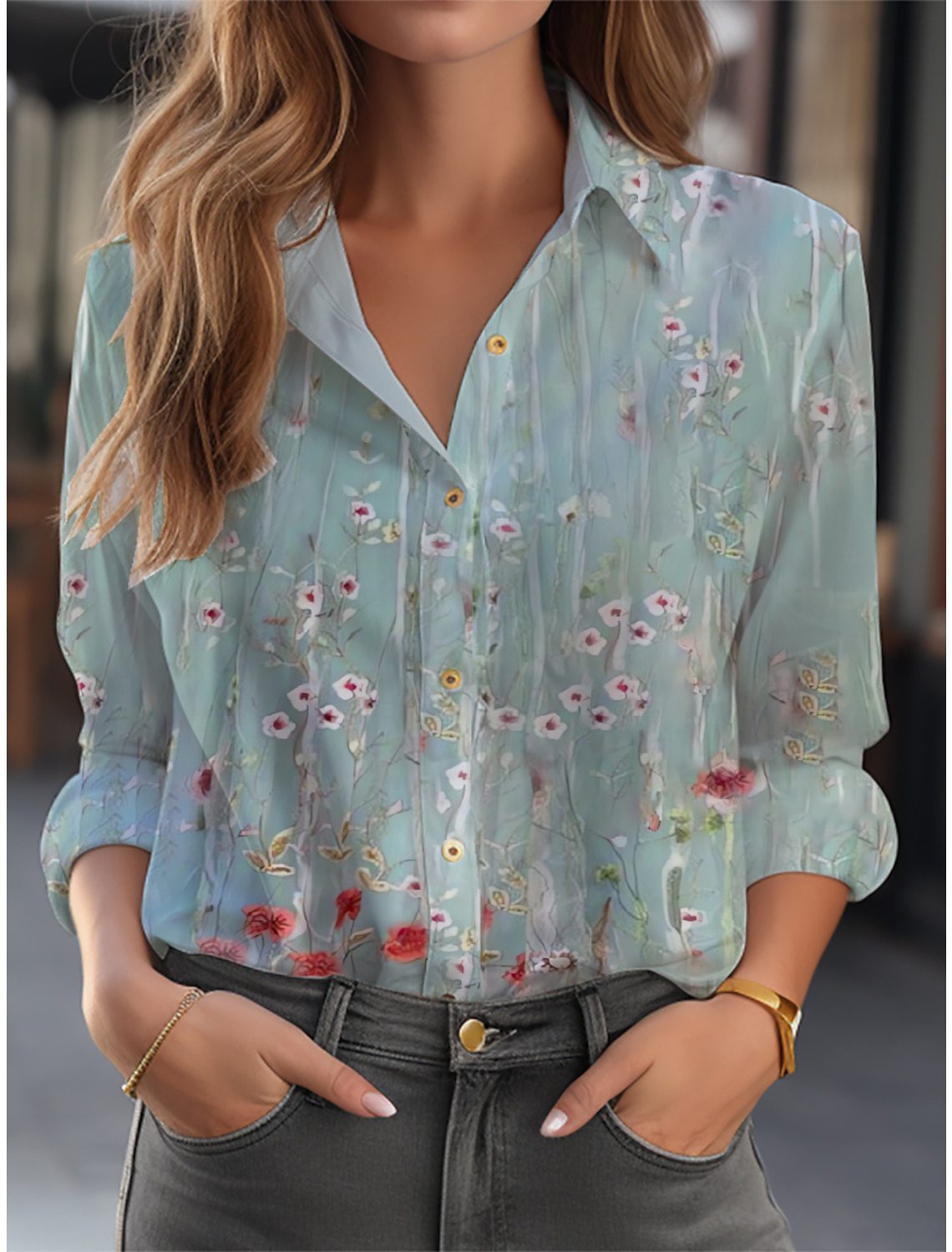 Blouse Women Relaxed Fit Casual Floral Pattern
