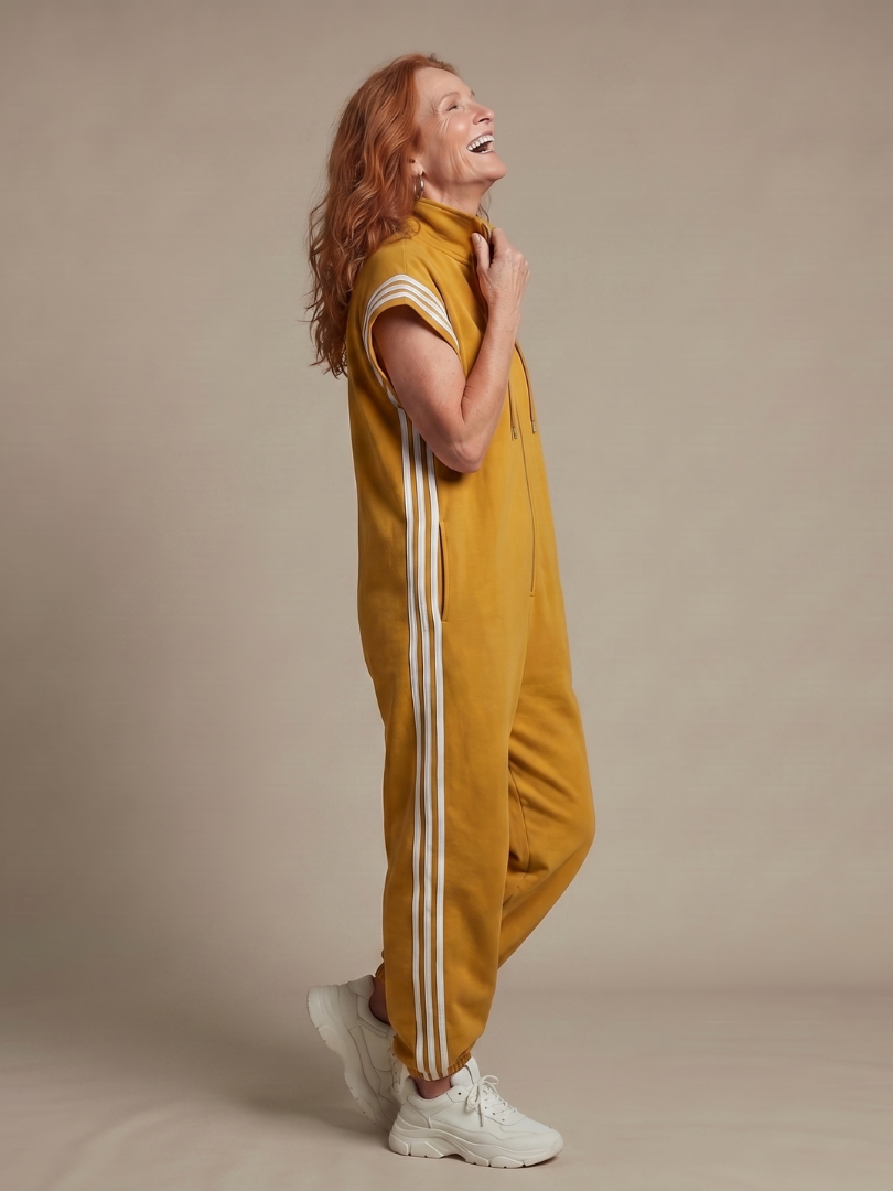 Jumpsuit Women Relaxed Fit Casual with Zip Front and Stripe Panels