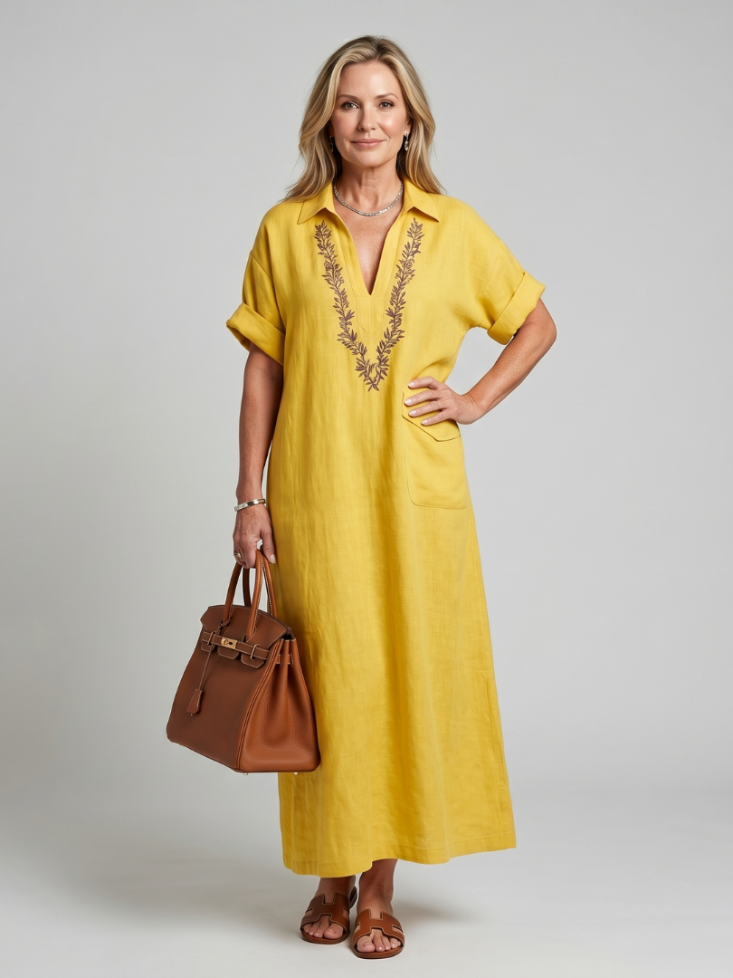 Midi Dress Women Relaxed Fit Casual Embroidered Detail