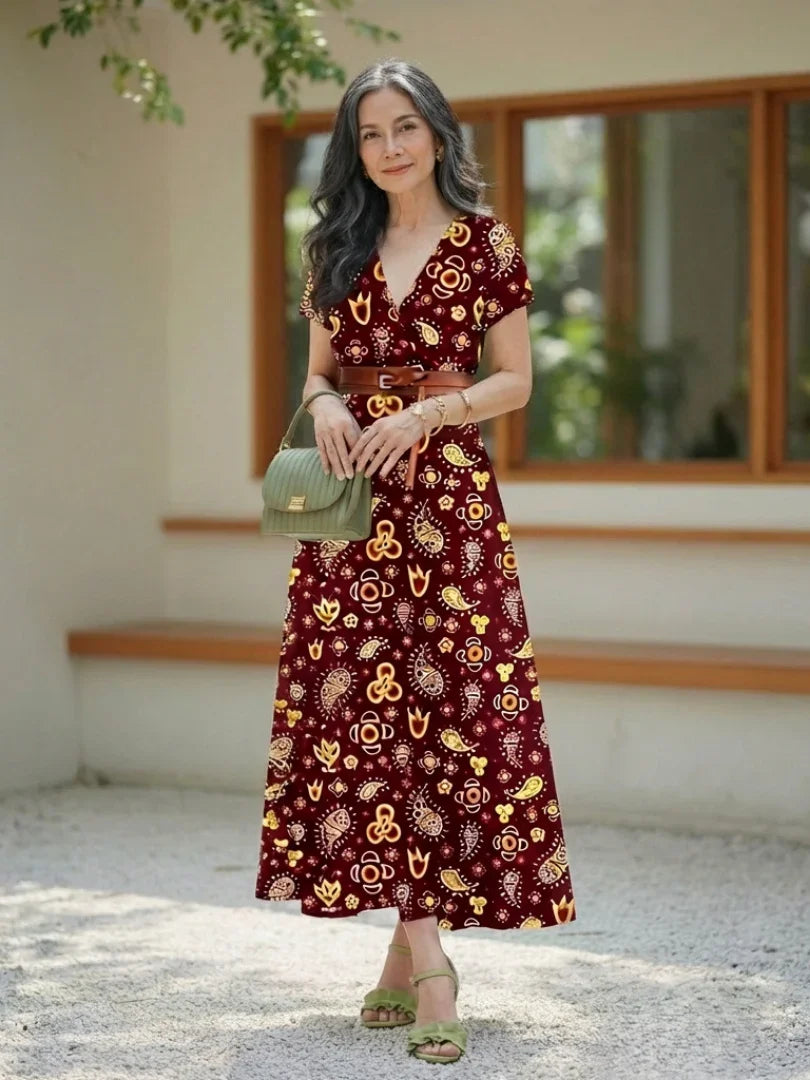 Floral V-Neck Midi Dress Women Regular Fit Casual Summer