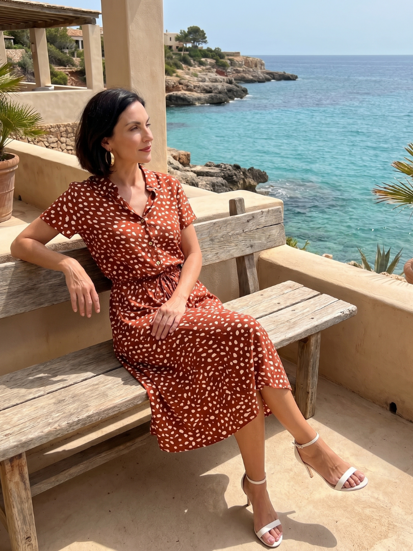 Midi Dress Women Relaxed Fit Casual Printed Button Front Belted
