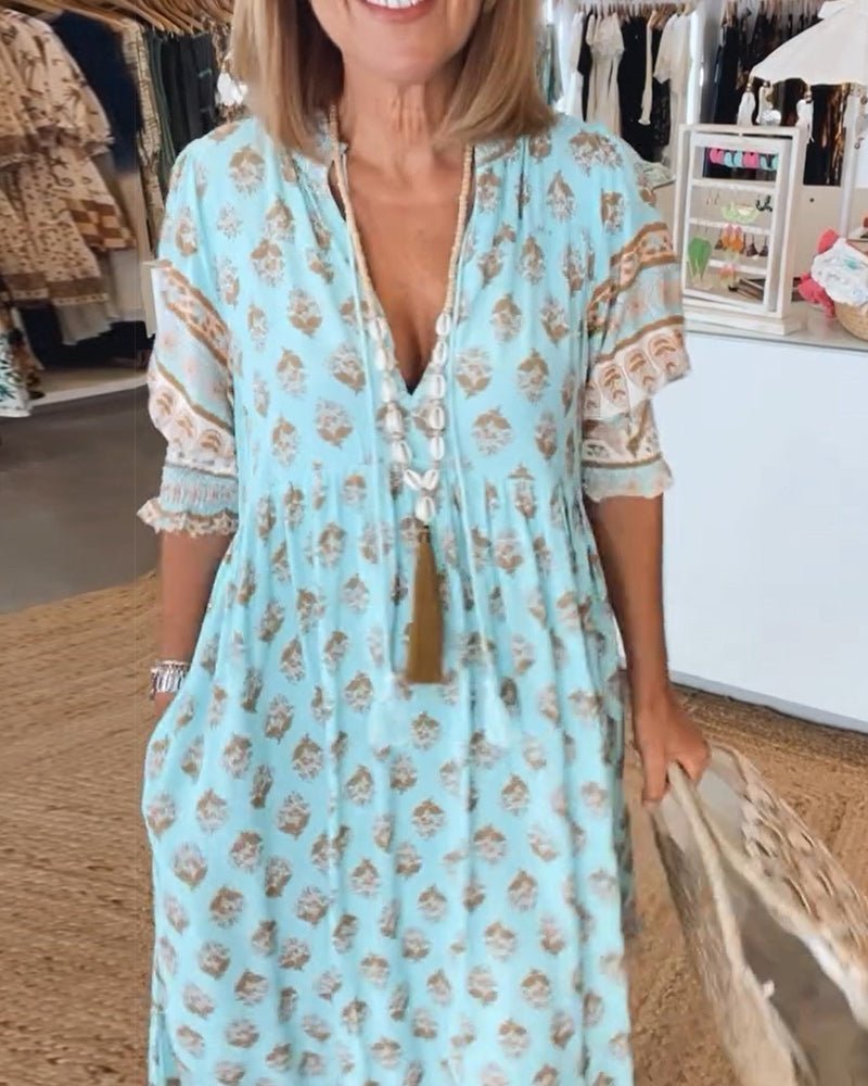 Floral V-Neck Dress Women Regular Fit Casual Summer