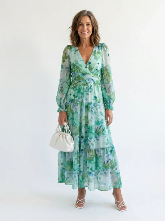 Maxi Dress Women Regular Fit Casual Floral Long Sleeve