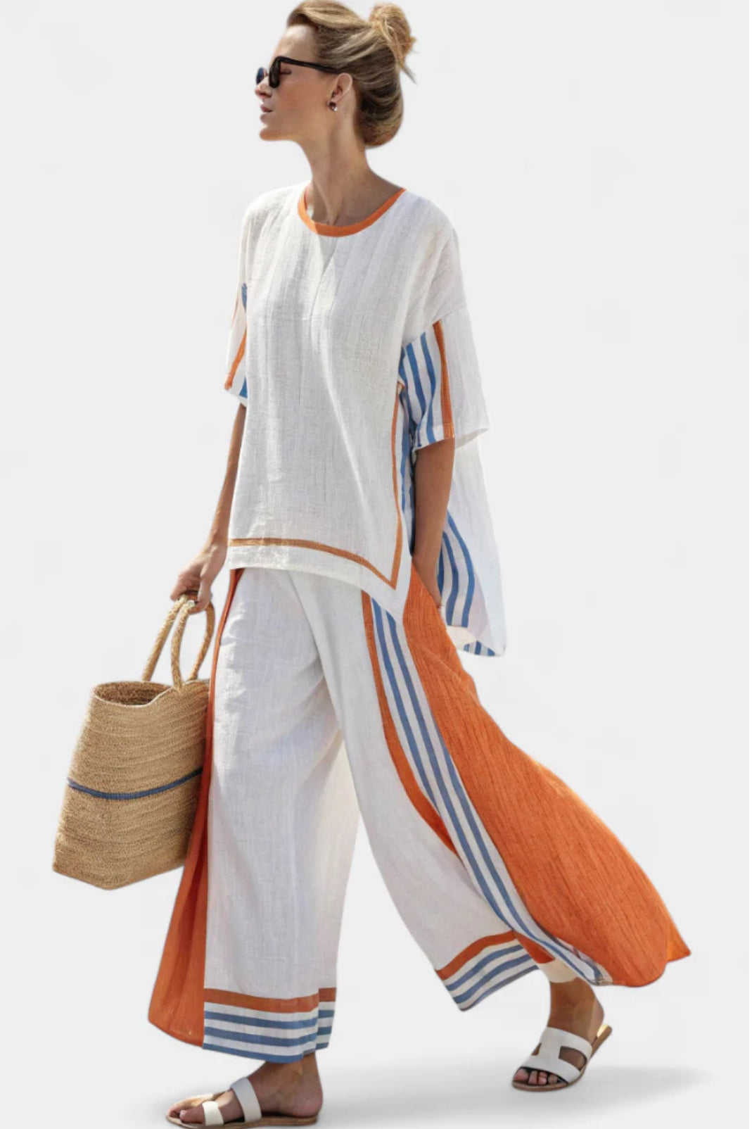 Women Summer Set Wide Pants Boho Tunic Relaxed Fit Casual