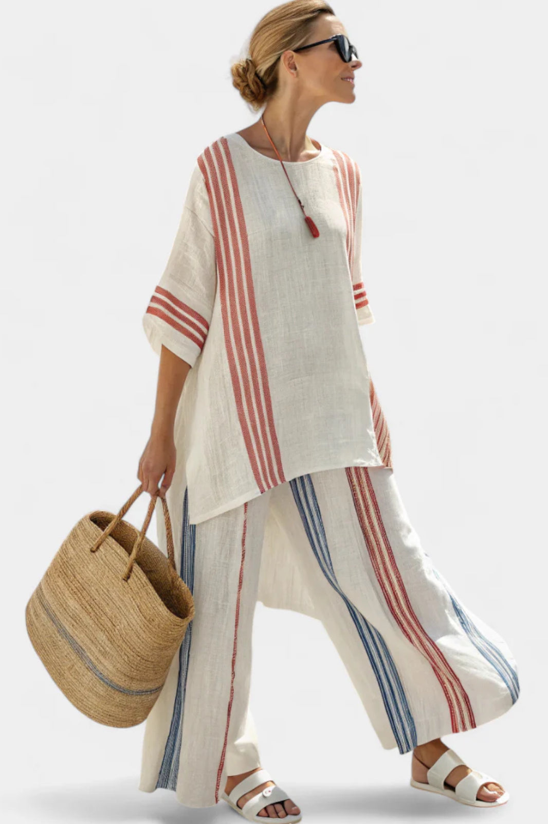 Women Summer Set Wide Pants Boho Tunic Relaxed Fit Casual