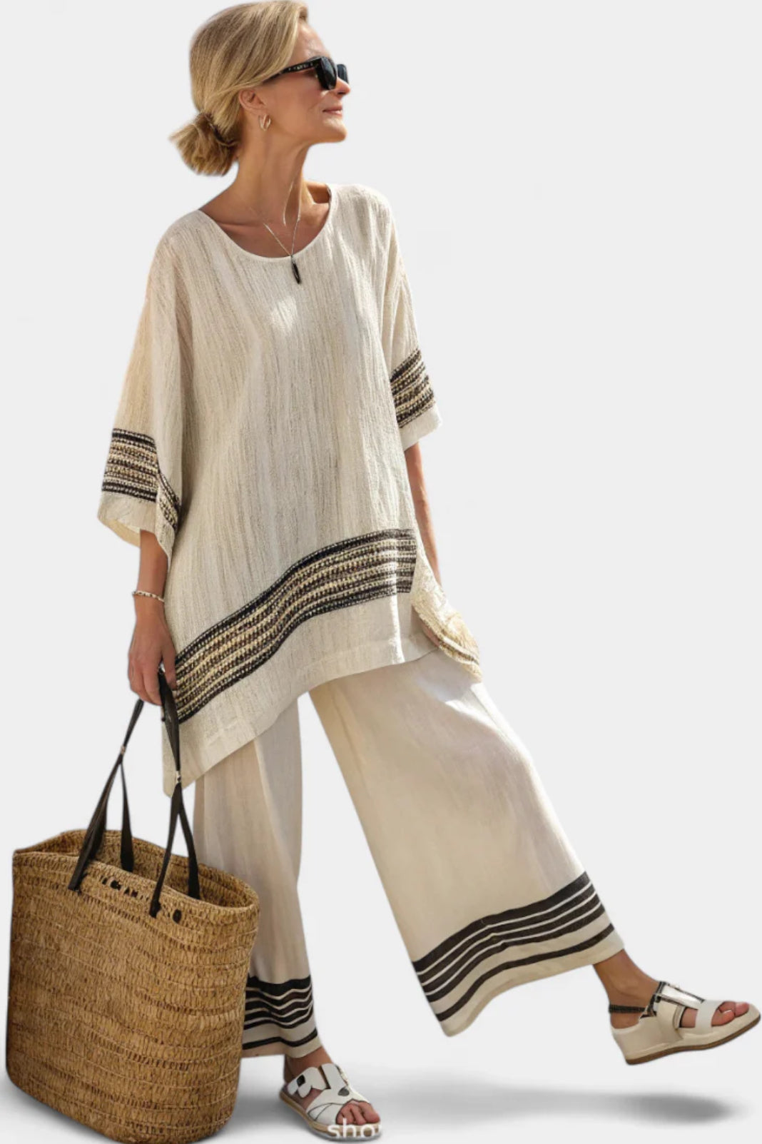 Women Summer Set Wide Pants Boho Tunic Relaxed Fit Casual