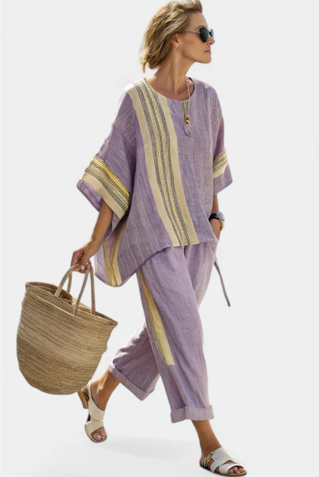 Women Summer Set Wide Pants Boho Tunic Relaxed Fit Casual