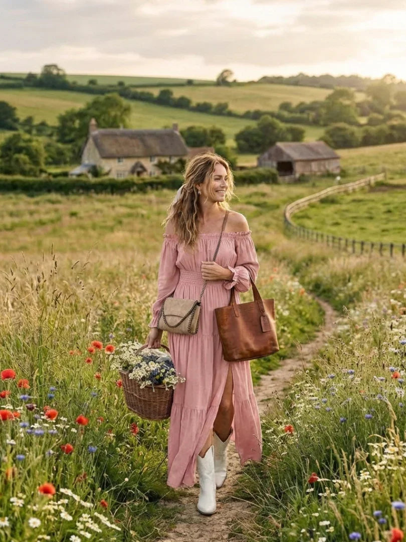 Off Shoulder Maxi Dress Women Fitted Bodice Casual Summer