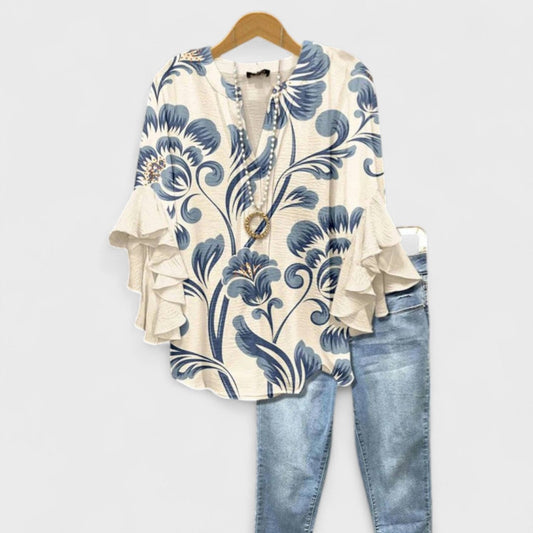 Blouse Women Slim Fit Casual Feminine V-Neck Ruffle Sleeves