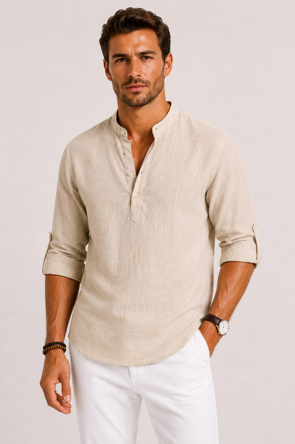 Stand Collar Shirt Men Relaxed Fit Casual Summer