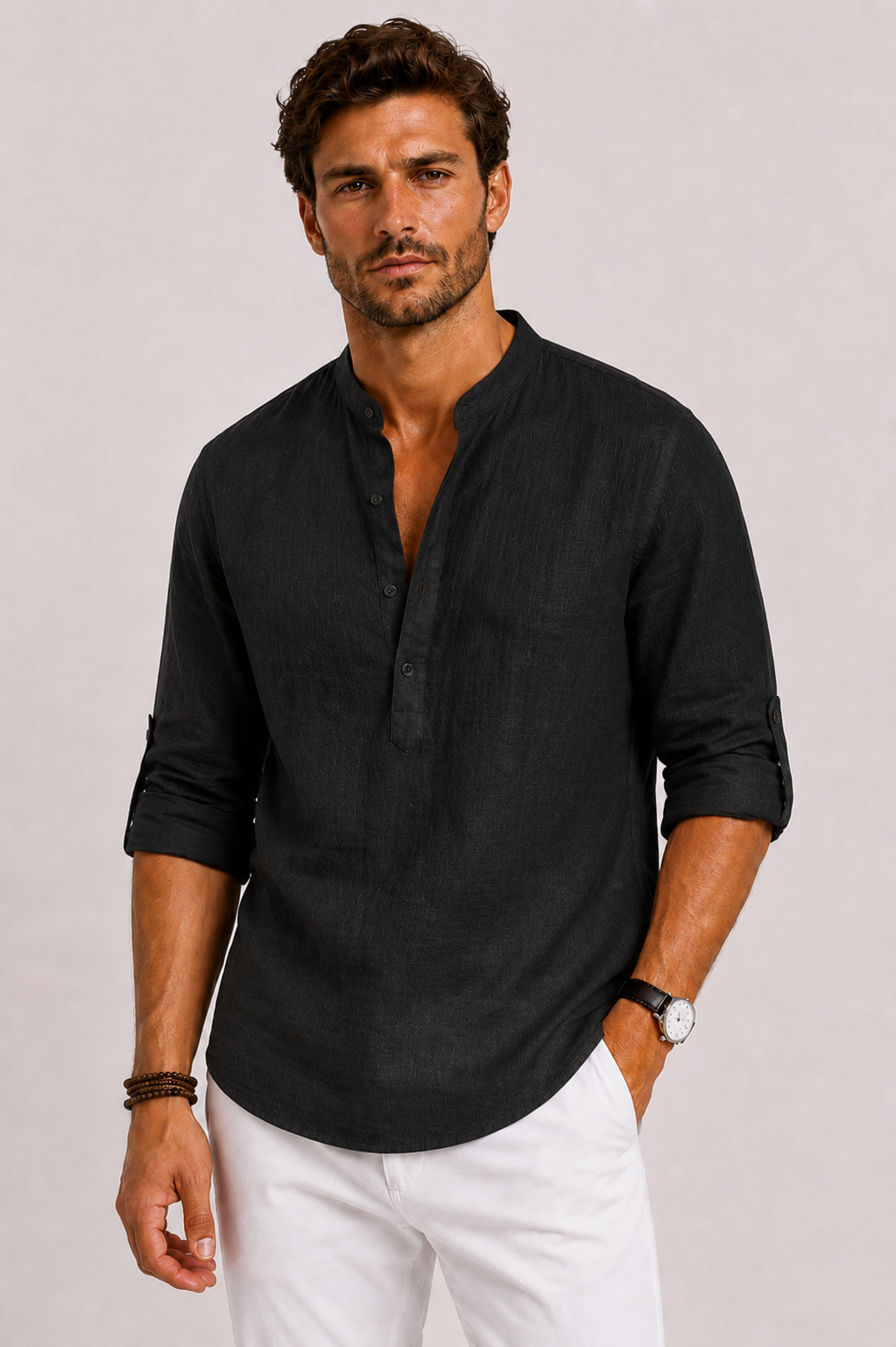 Stand Collar Shirt Men Relaxed Fit Casual Summer