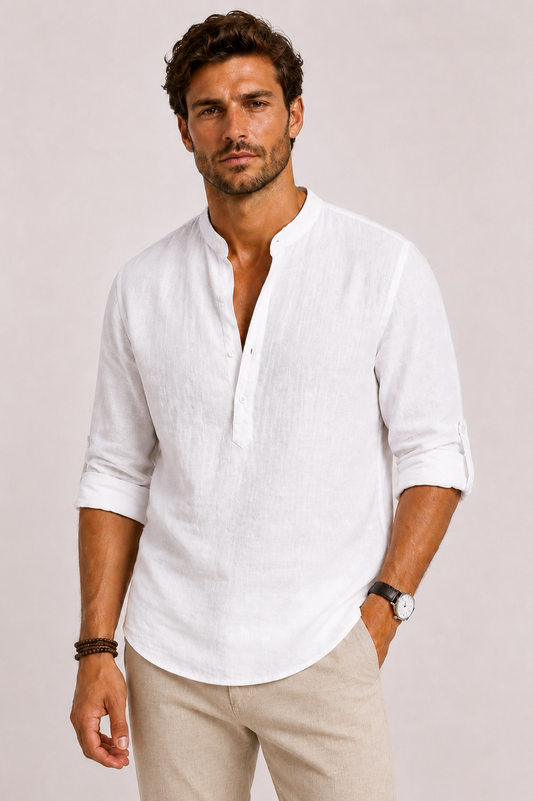 Stand Collar Shirt Men Relaxed Fit Casual Summer