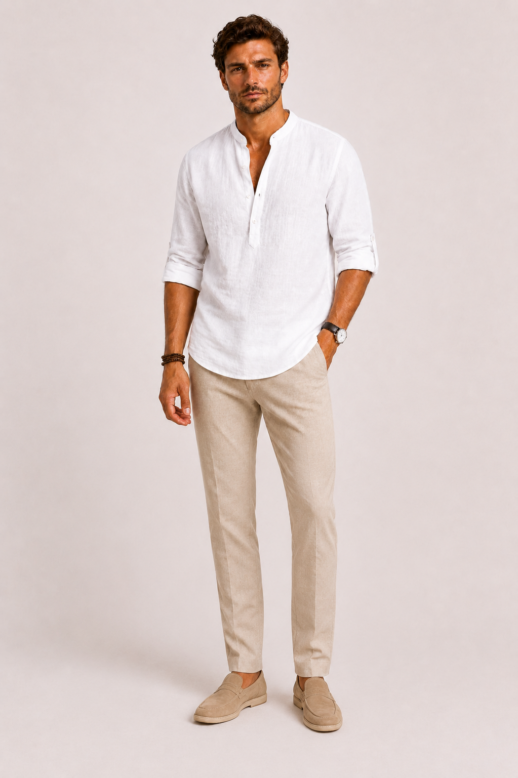 Stand Collar Shirt Men Relaxed Fit Casual Summer