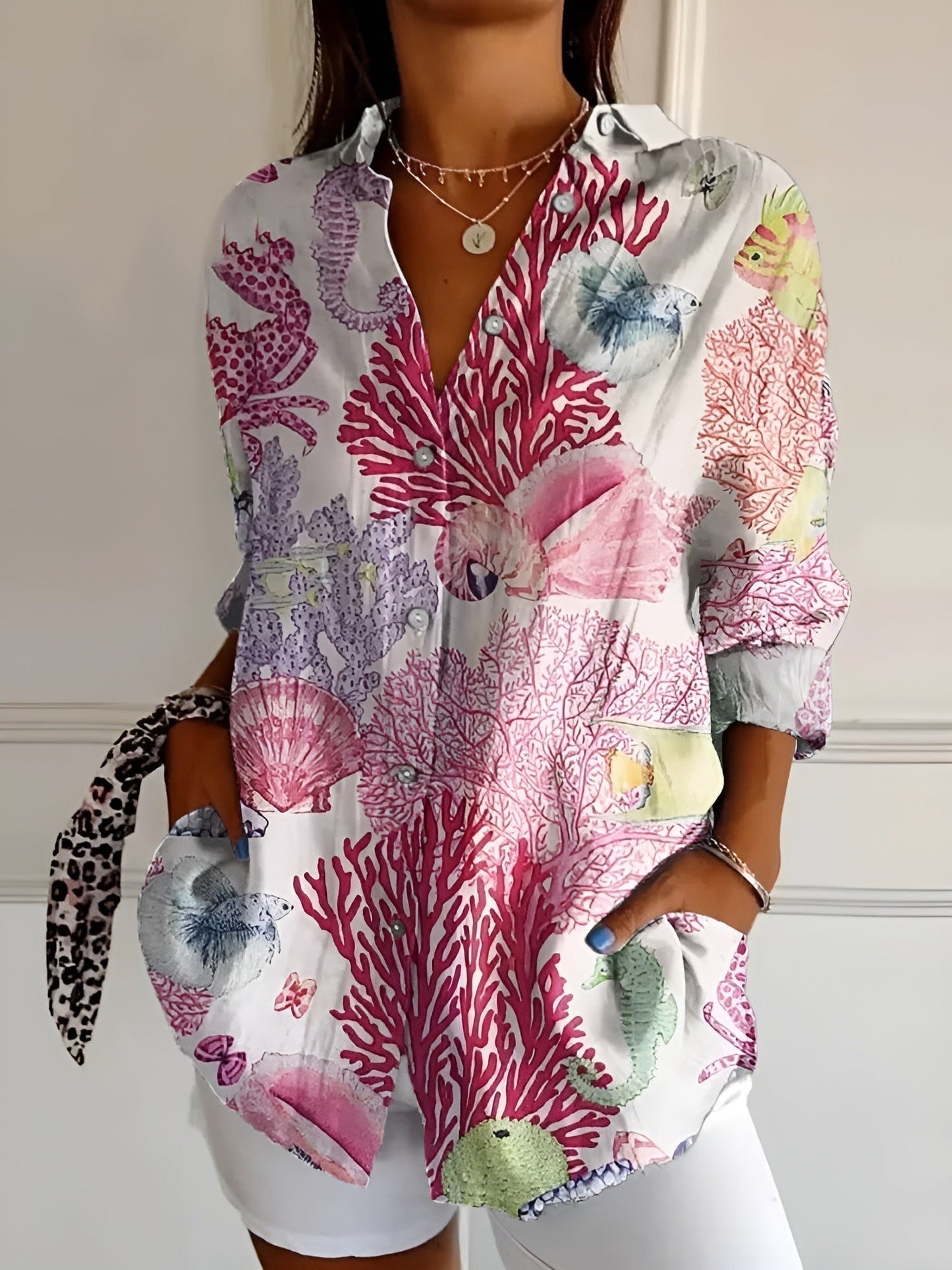 Blouse Women Loose Fit Casual Notched Neckline