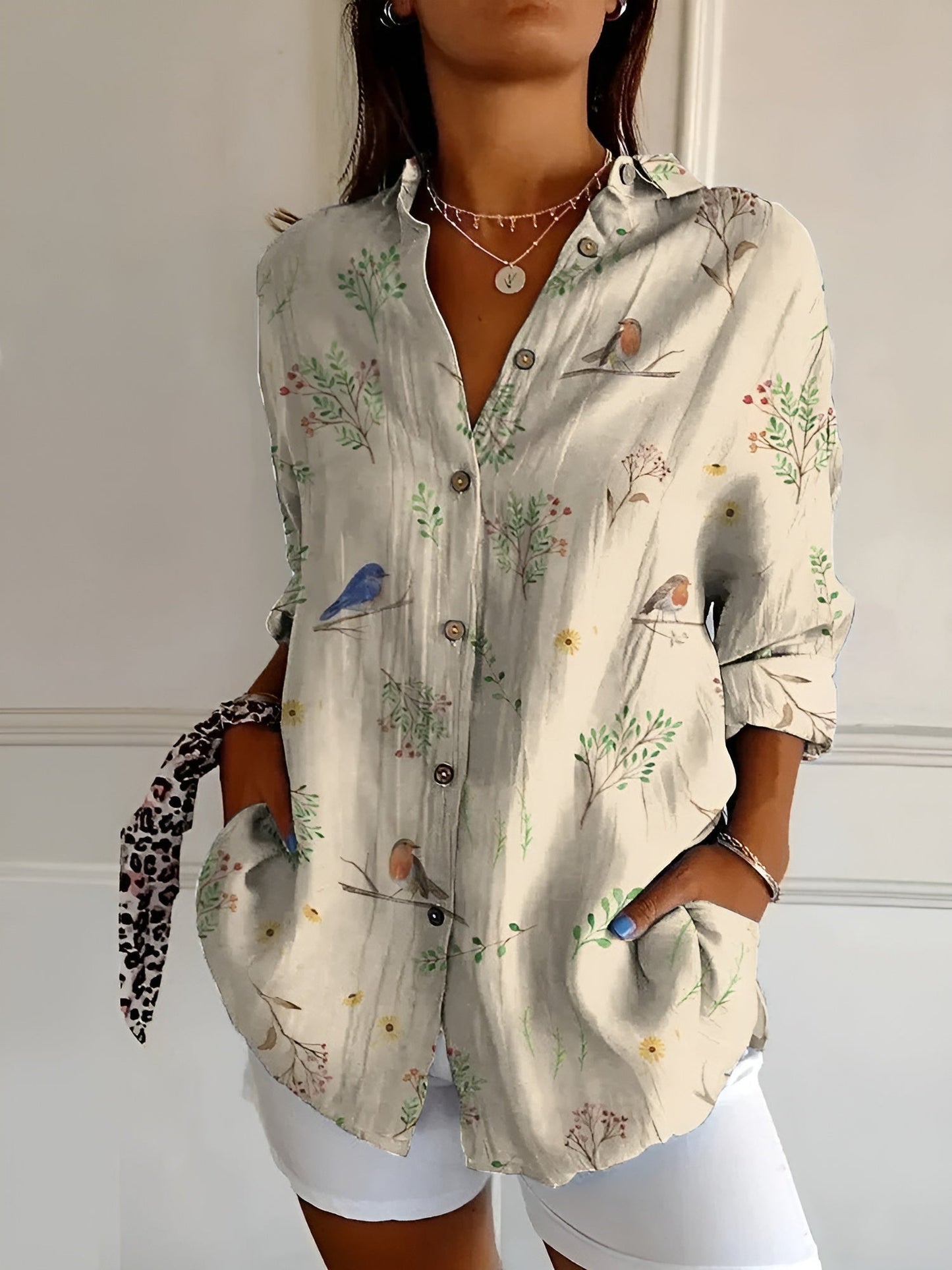 Blouse Women Loose Fit Casual Notched Neckline