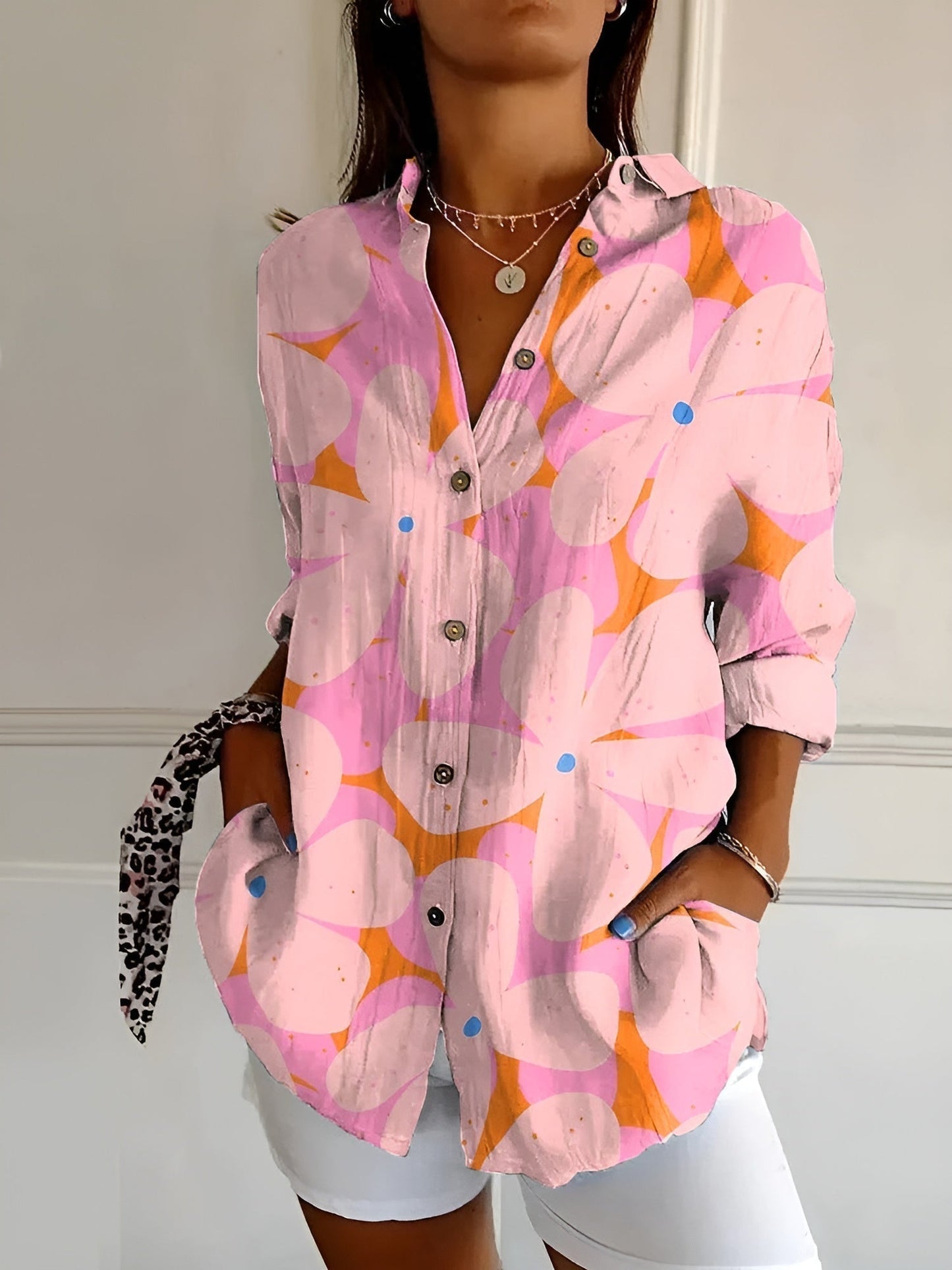 Blouse Women Loose Fit Casual Notched Neckline