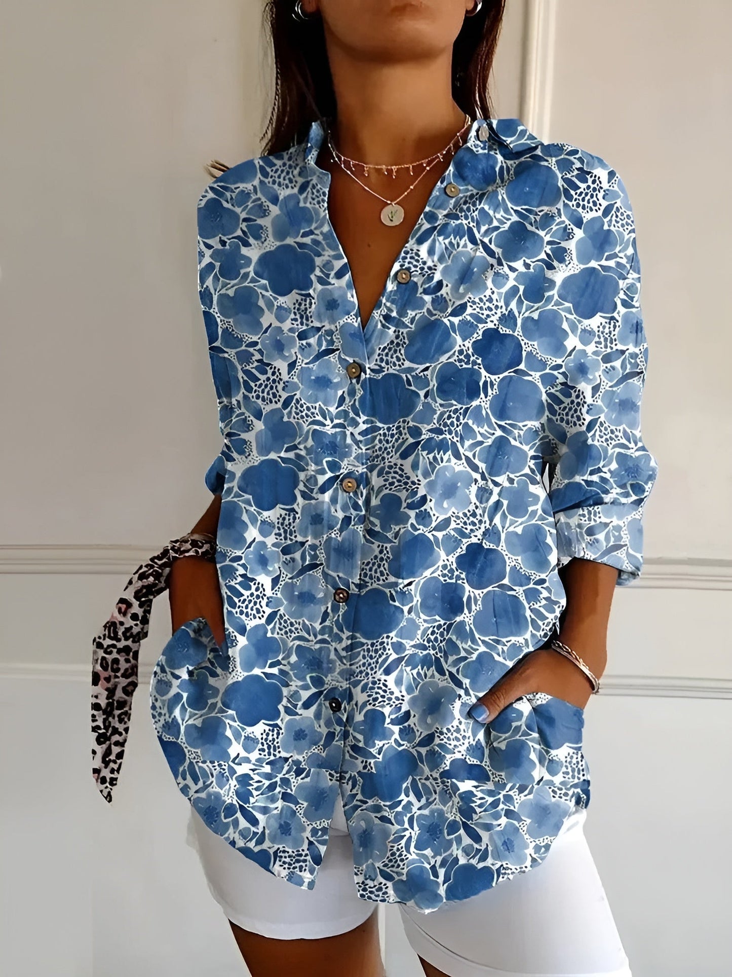 Blouse Women Loose Fit Casual Notched Neckline
