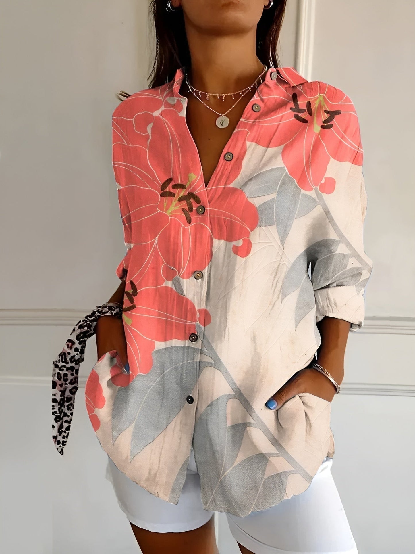 Blouse Women Loose Fit Casual Notched Neckline