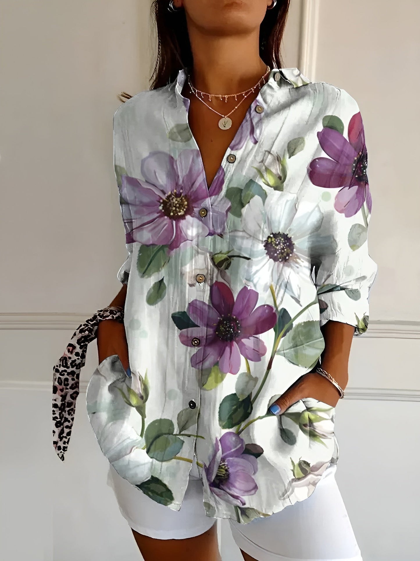 Blouse Women Loose Fit Casual Notched Neckline