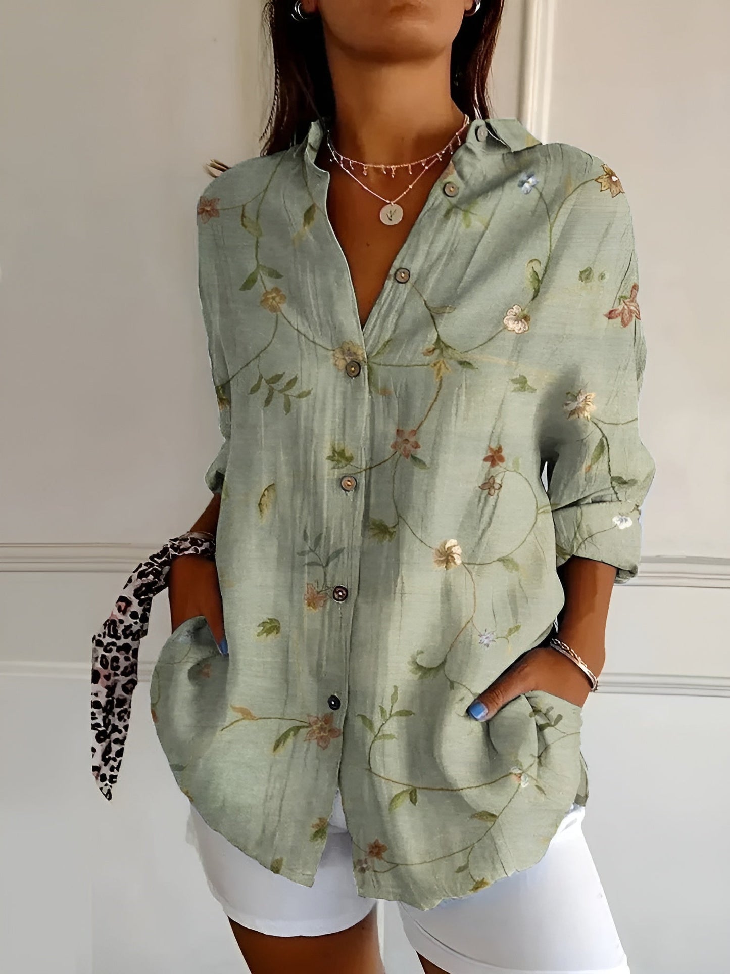 Blouse Women Loose Fit Casual Notched Neckline