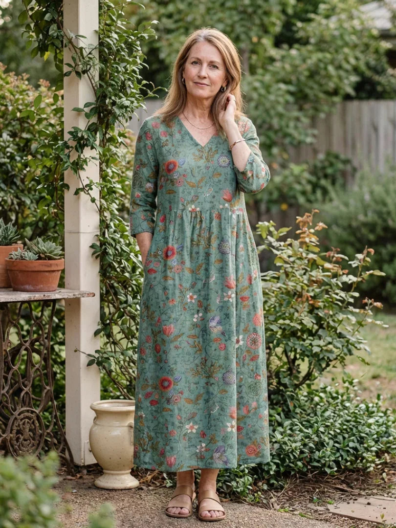 Maxi Dress Women Relaxed Fit Casual Floral V Neck