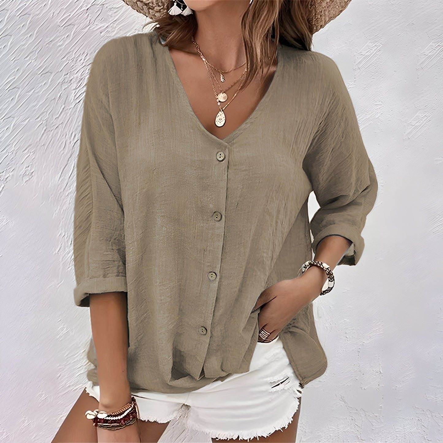 Blouse Women Relaxed Fit Casual Summer V-Neck Buttons