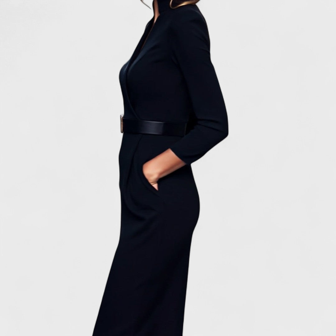 Maxi Dress Women Slim Fit Elegant V-Neck with Waist Belt