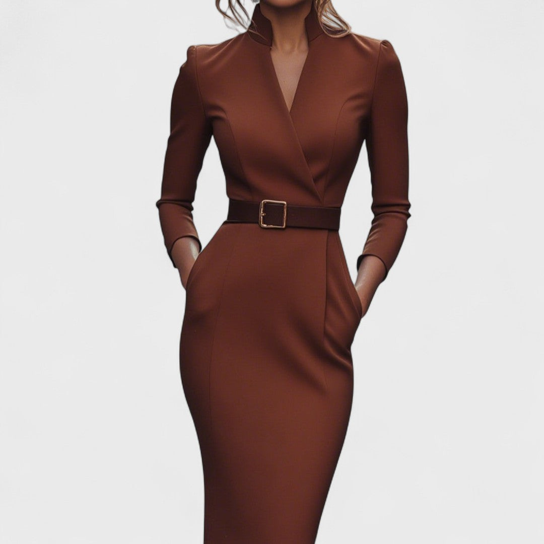 Maxi Dress Women Slim Fit Elegant V-Neck with Waist Belt