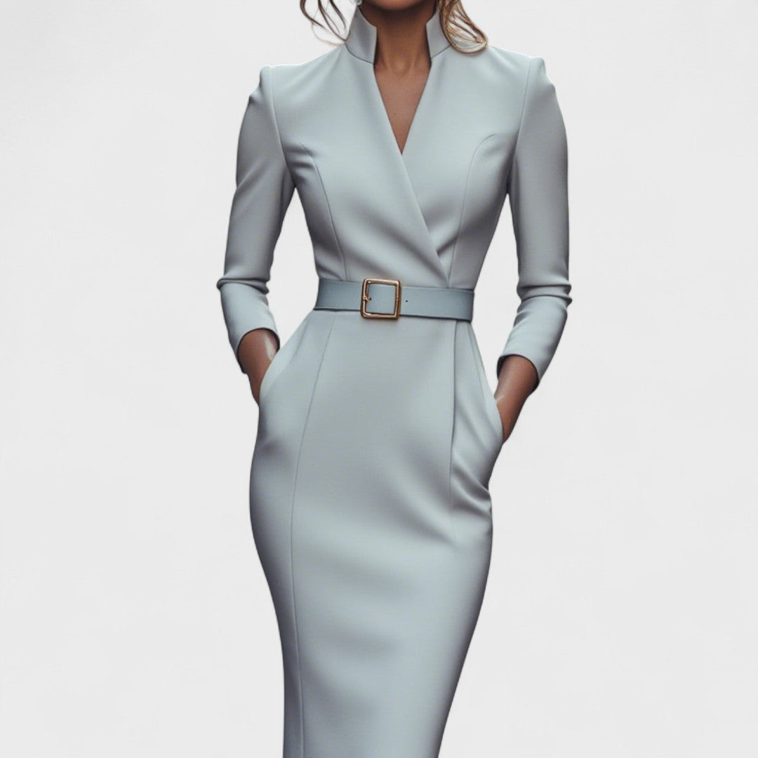 Maxi Dress Women Slim Fit Elegant V-Neck with Waist Belt