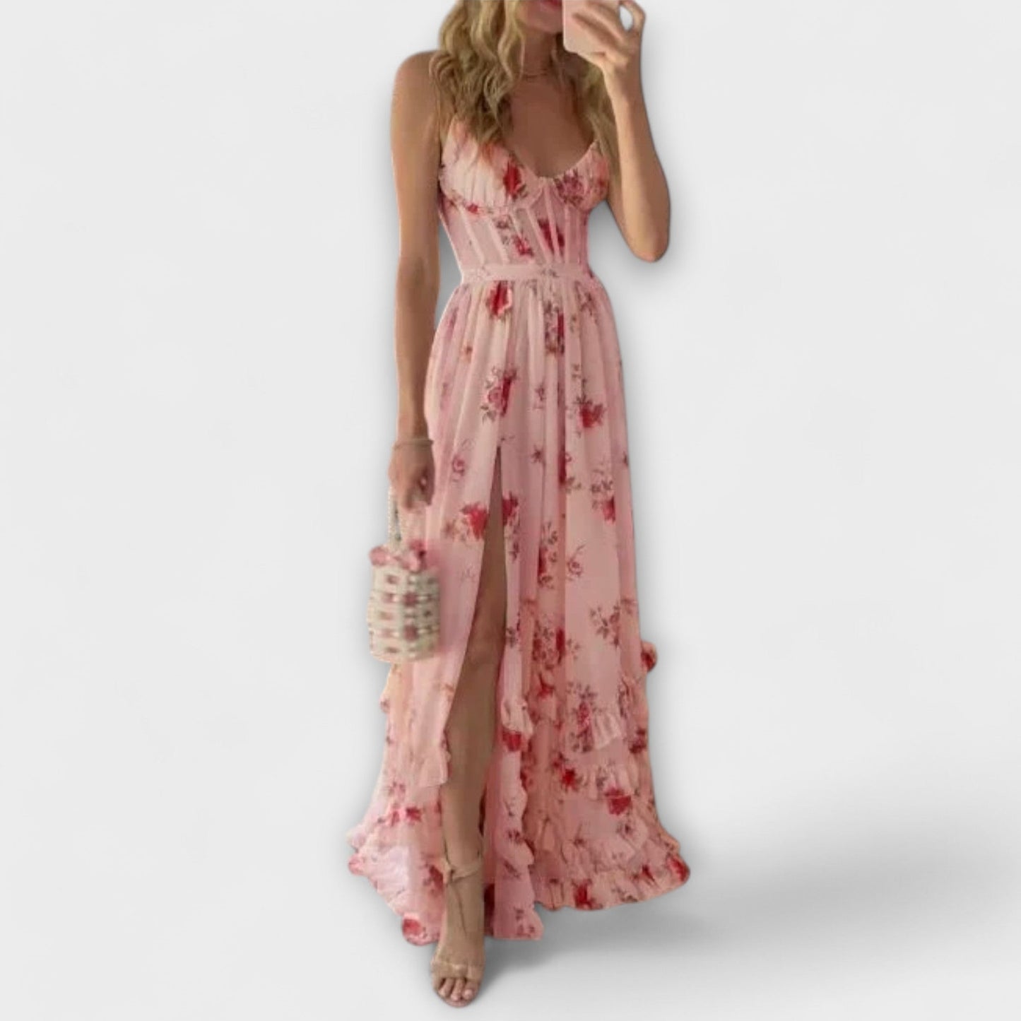 Maxi Dress Women Romantic Floral Print Strapless with Slit Summer