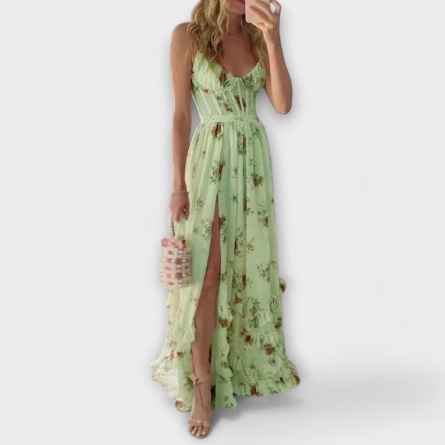 Maxi Dress Women Romantic Floral Print Strapless with Slit Summer