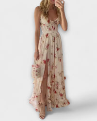 Maxi Dress Women Romantic Floral Print Strapless with Slit Summer
