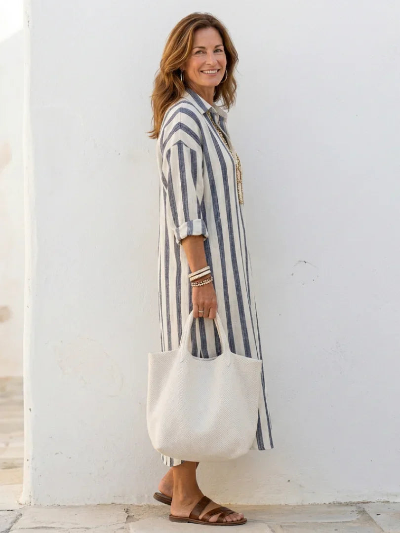 Midi Shirt Dress Women Relaxed Fit Casual Long Sleeve Striped