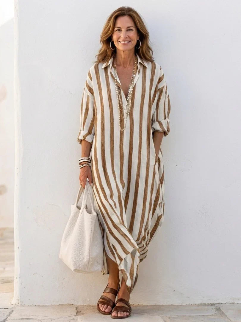 Midi Shirt Dress Women Relaxed Fit Casual Long Sleeve Striped