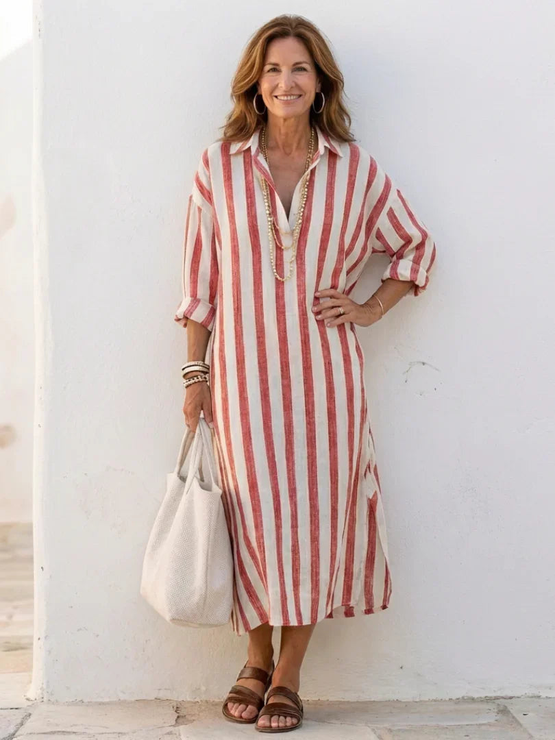 Midi Shirt Dress Women Relaxed Fit Casual Long Sleeve Striped