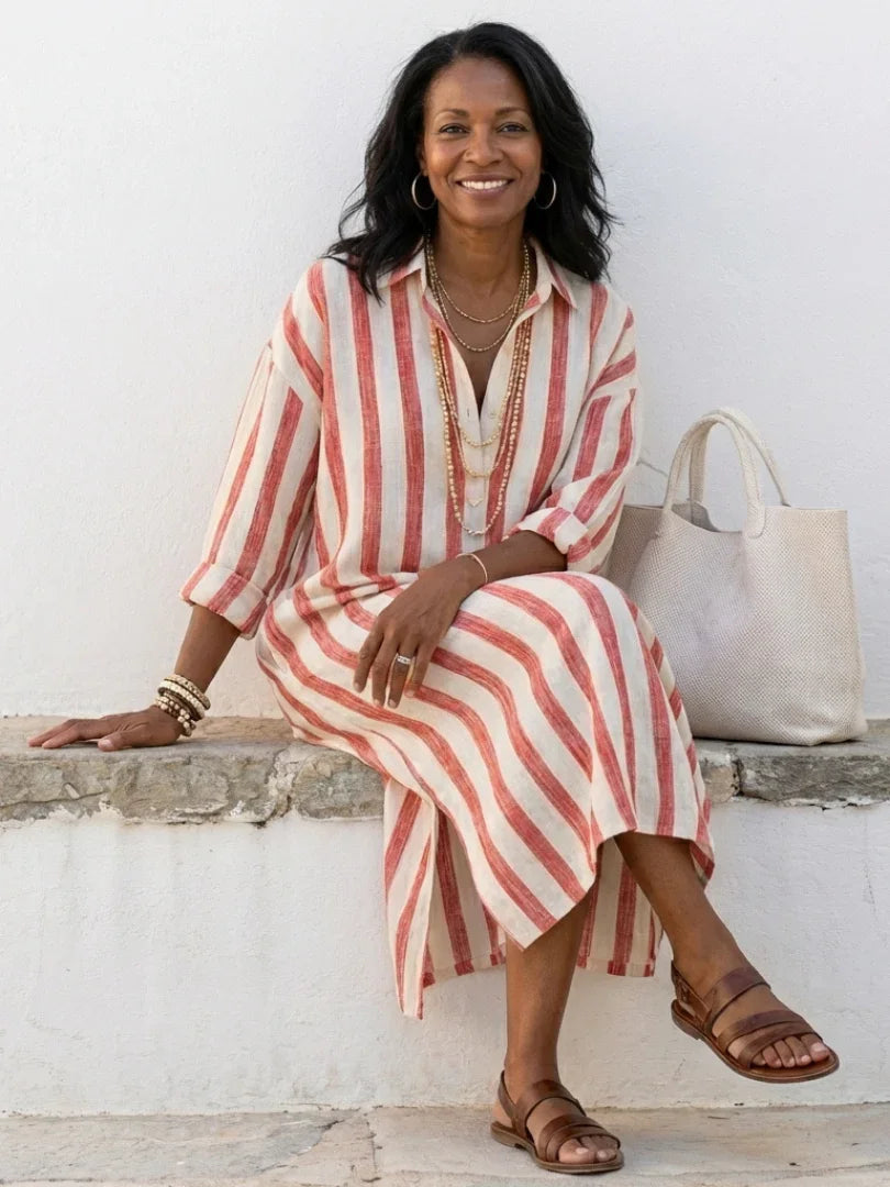 Midi Shirt Dress Women Relaxed Fit Casual Long Sleeve Striped